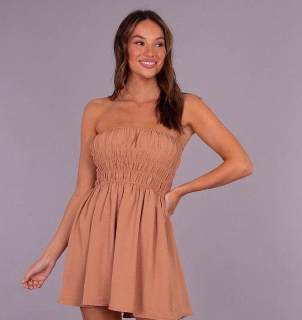 Shirred Mocha Mini Dress