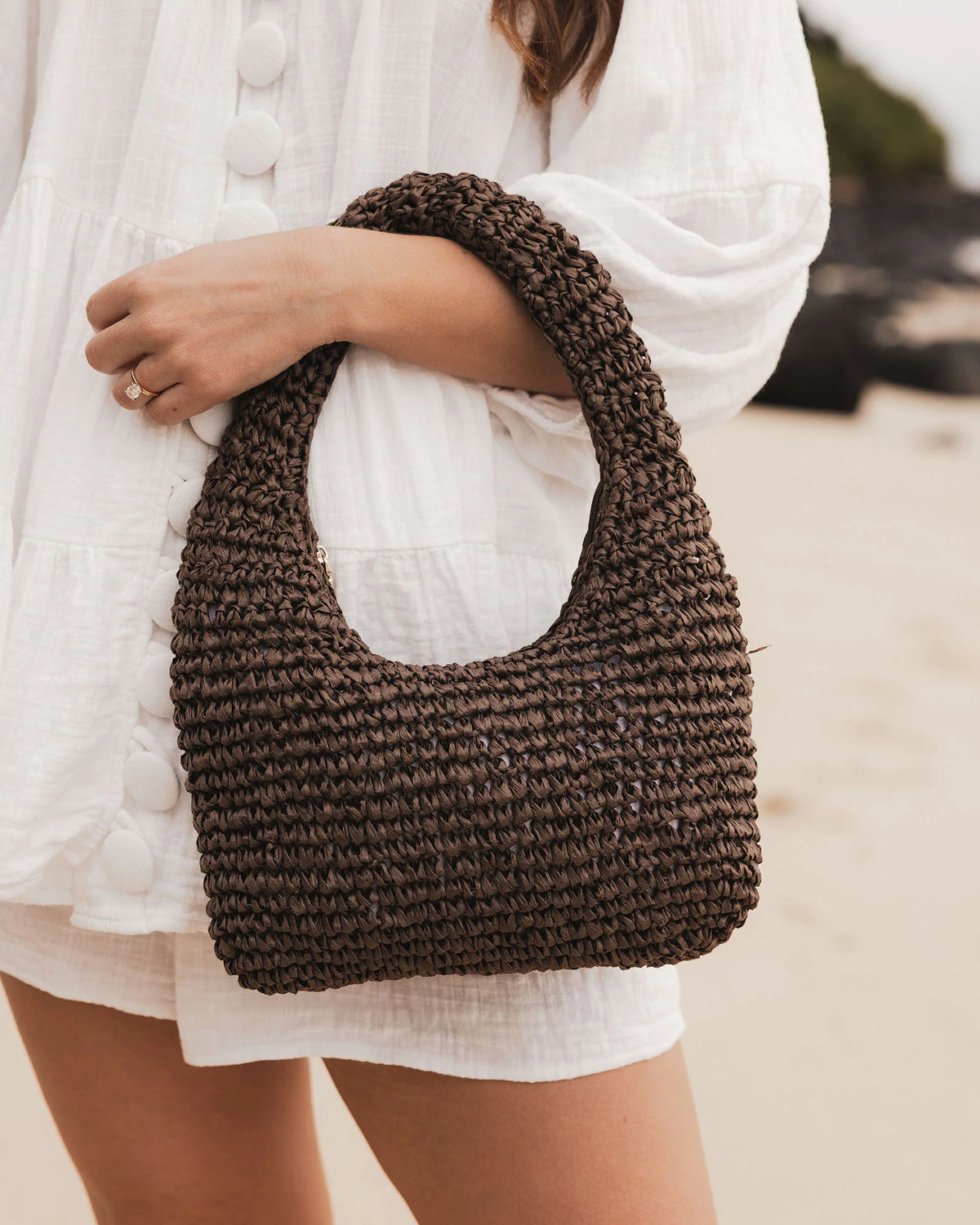 Nellie Chocolate Raffia Bag