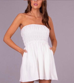 Shirred White  mini Dress