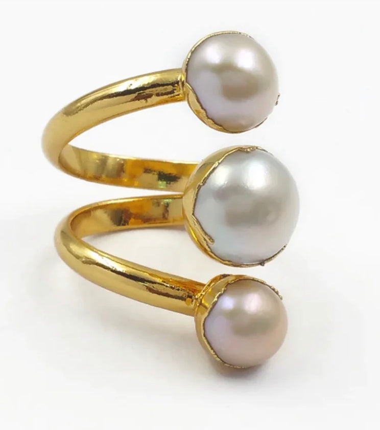 Triple Freshwater Pearl Wrap Gold Ring