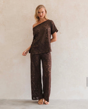Holly Lace Asymmetrical Chocolate Tee