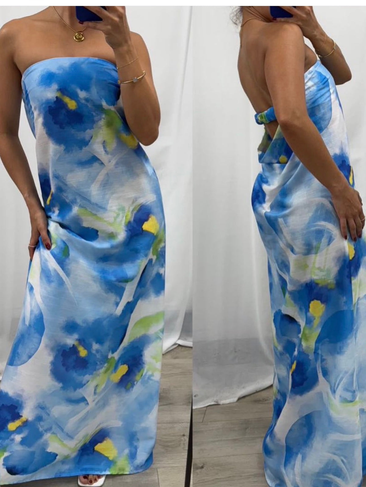 Victoria  Strapless Floral Dress Blue