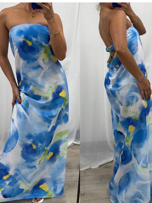 Victoria  Strapless Floral Dress Blue