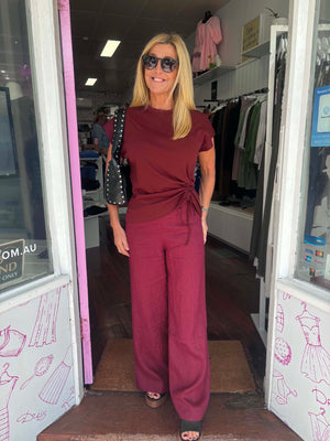 Wine wide leg linen pant
