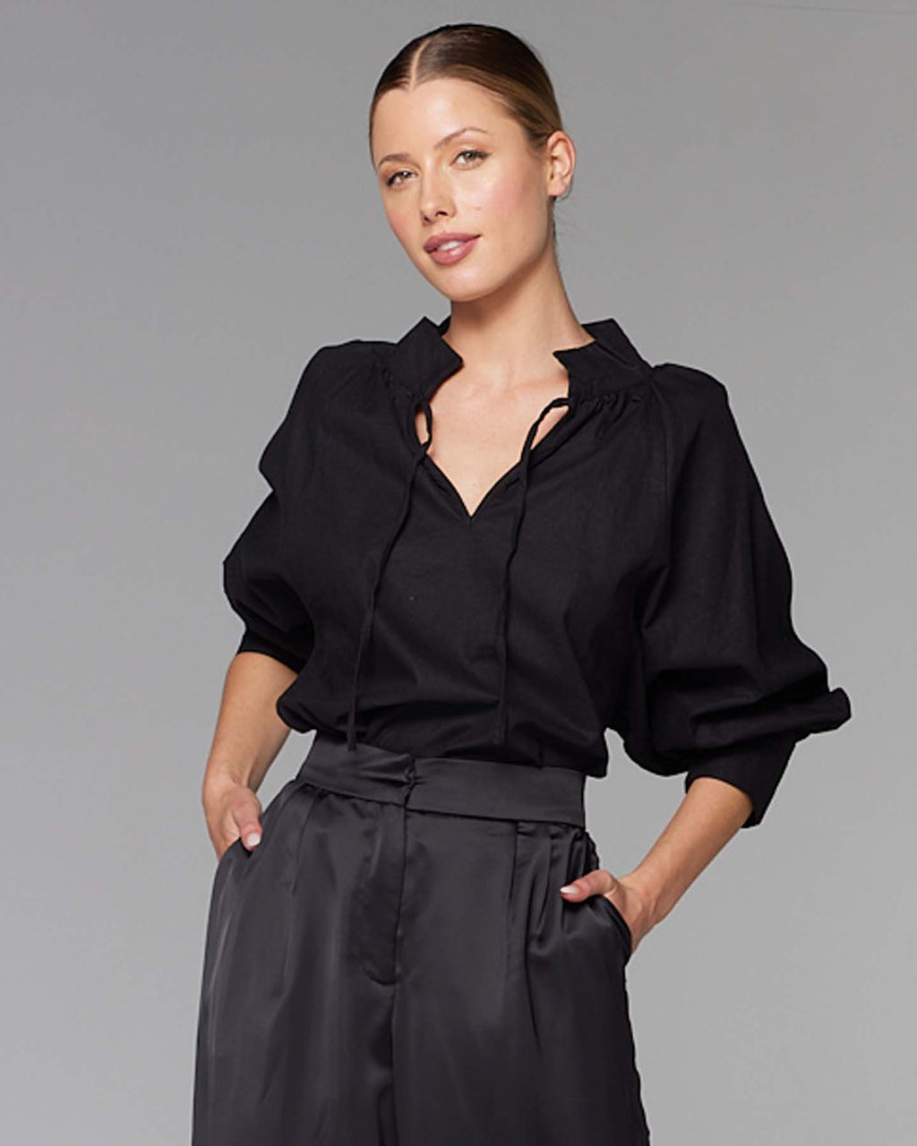 Higher Ground Black Blouson Sleeve Top