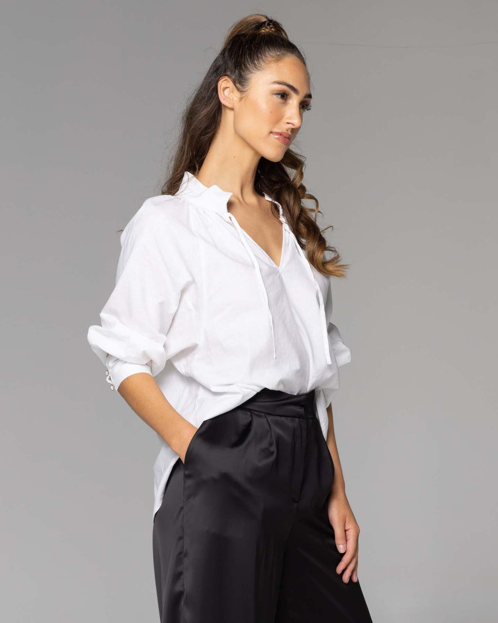 Higher Ground White Blouson Sleeve Top