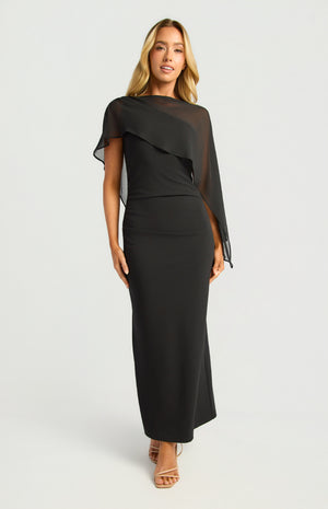 Chiffon Cape One Shoulder Dress Black
